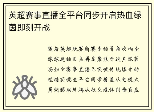 英超赛事直播全平台同步开启热血绿茵即刻开战