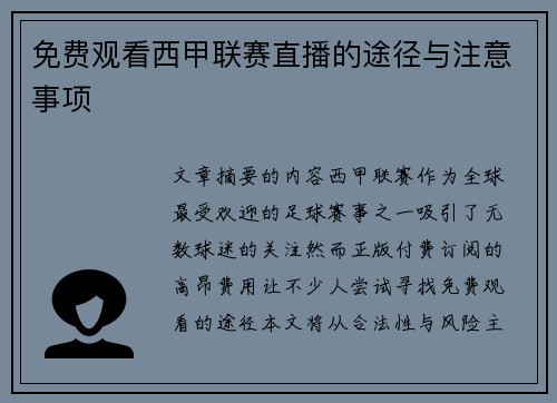 免费观看西甲联赛直播的途径与注意事项